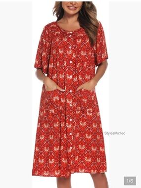Red Floral Button-Front Midi Dress
